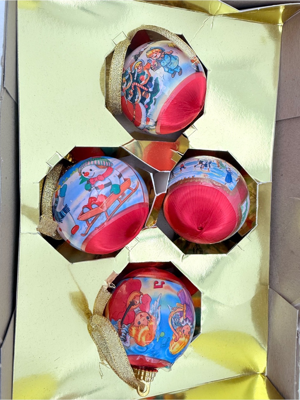 Round Christmas Tree Ornaments - Red Illustrated Balls (Set of 4)